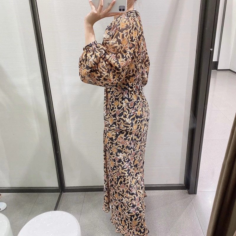 Floral Retro Printed V-Neck, Long-Sleeved Tulle Vintage Goth Long Dress