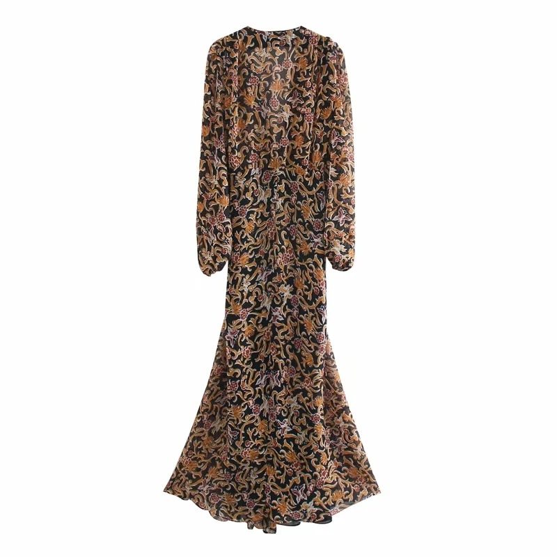 Floral Retro Printed V-Neck, Long-Sleeved Tulle Vintage Goth Long Dress