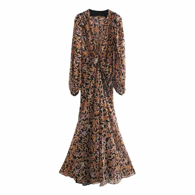 Floral Retro Printed V-Neck, Long-Sleeved Tulle Vintage Goth Long Dress