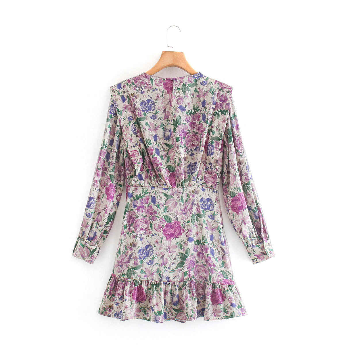 Long Sleeve Silk Satin Texture Print Dress