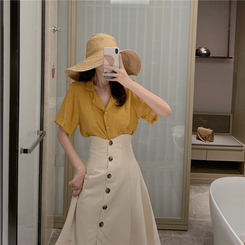 V-Neck Single-Breasted Retro Umbrella Skirt
