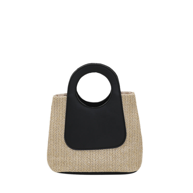 Large Capacity Handmade Summer Retro Color Contrast Patchwork Straw Bag