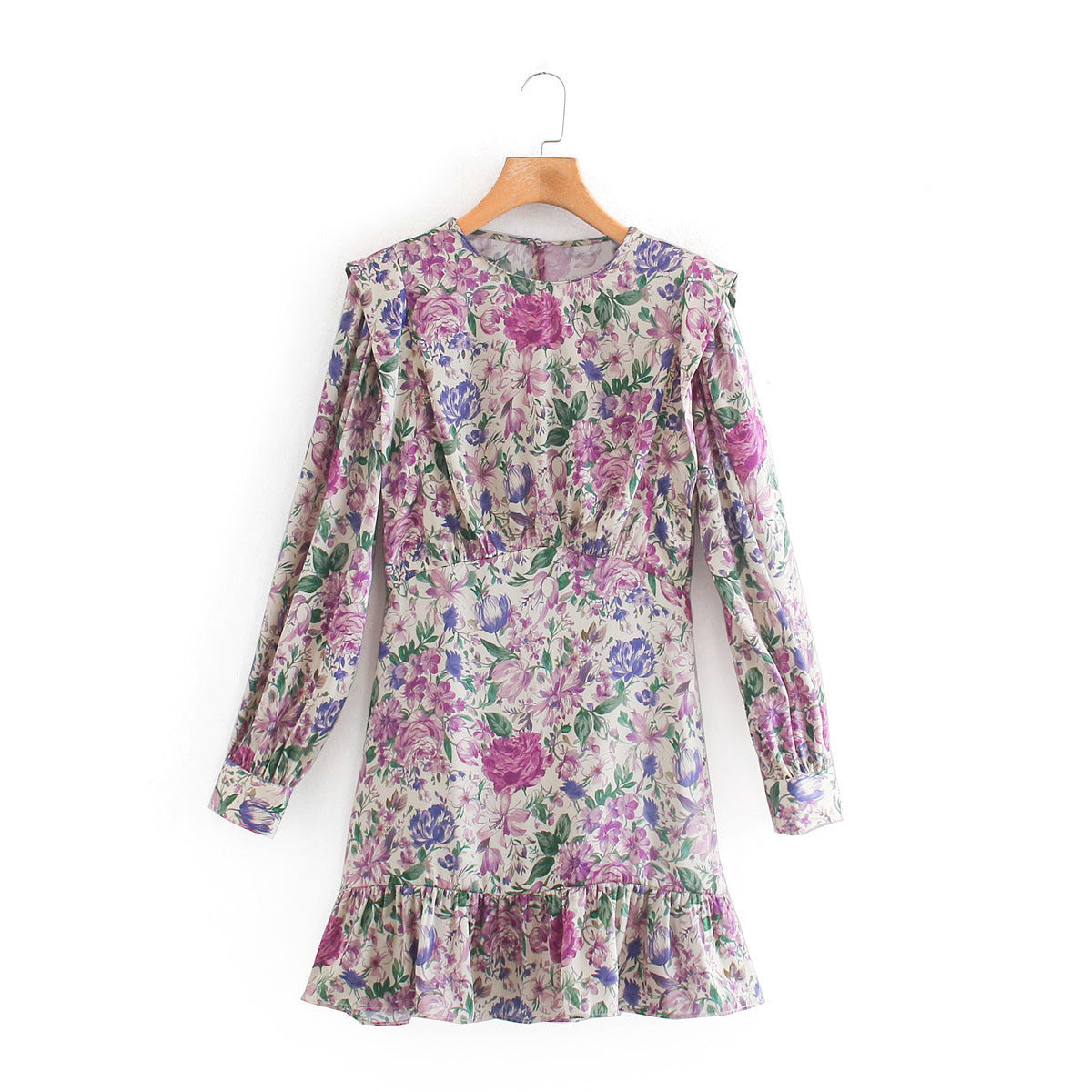 Long Sleeve Silk Satin Texture Print Dress