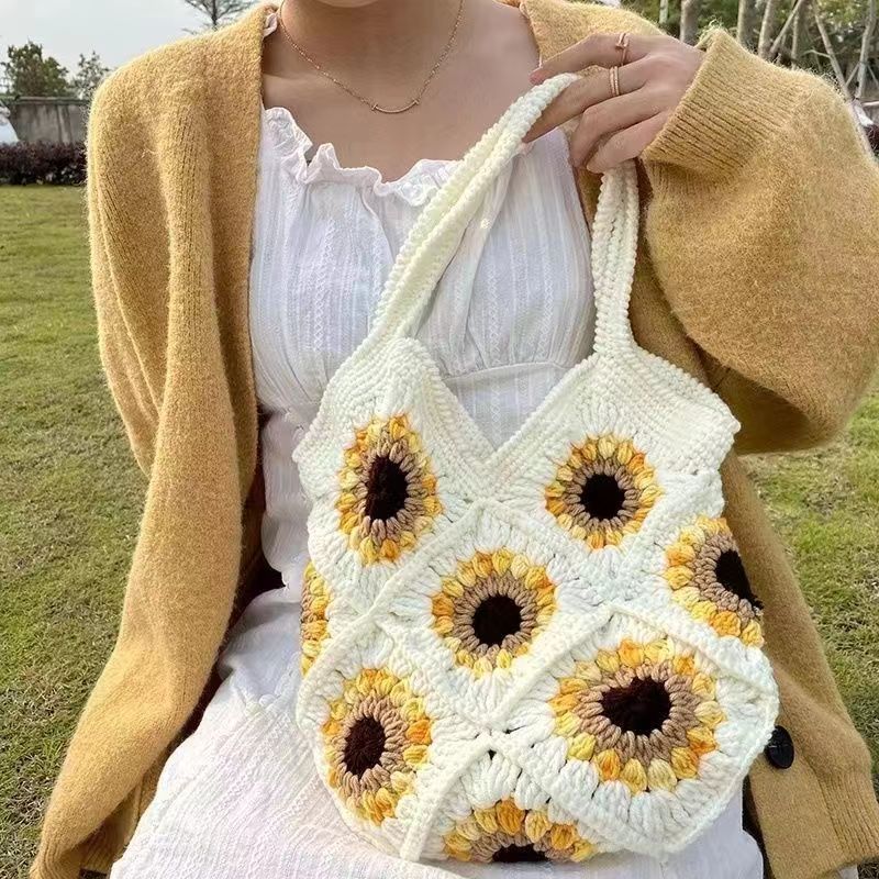 Hand-Woven Bag Wool Crochet Cute Sunflower Shoulder Tote