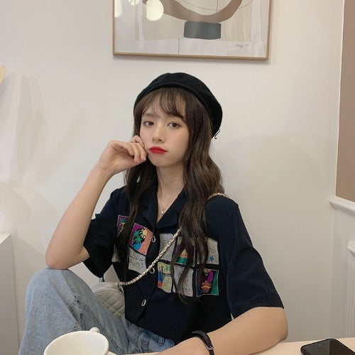 Black Chiffon Shirt Women Short-sleeved Summer Dress New Chic Top Design Niche Korean Loose Shirt