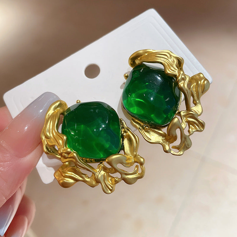 Silver Needle Vintage Emerald Earrings Niche Retro