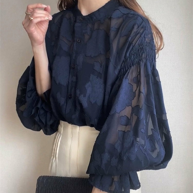 Summer Flower Jacquard Lantern Sleeve Transparent Blouse