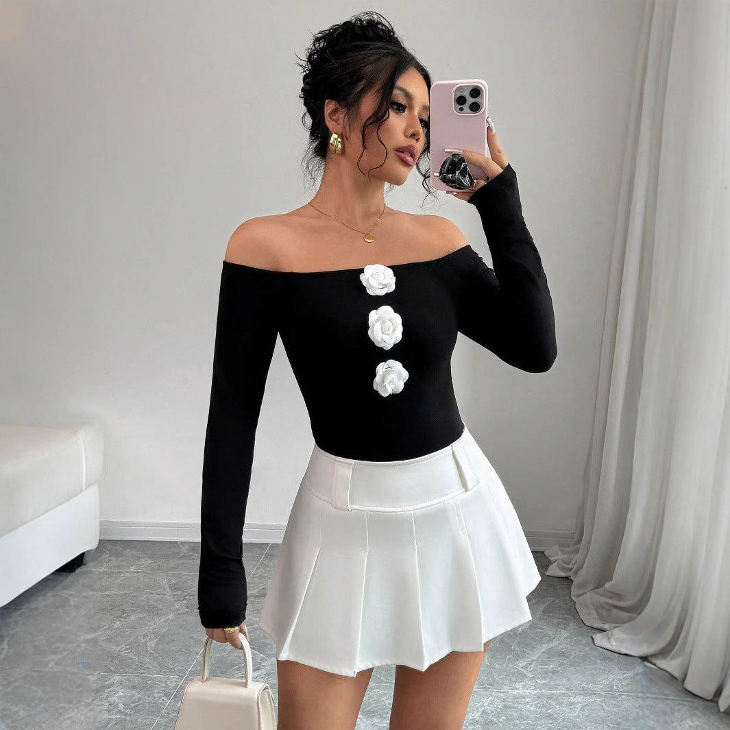 3D Floral Off-the-Shoulder, Slim-Fit Long-Sleeved Top