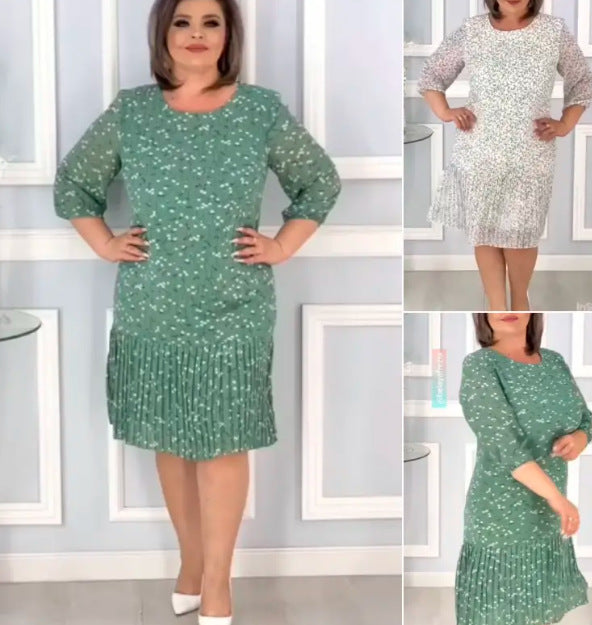 Pleated Round Neck Midi Slim Fit Elegant Floral Dress
