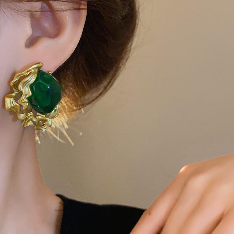 Silver Needle Vintage Emerald Earrings Niche Retro