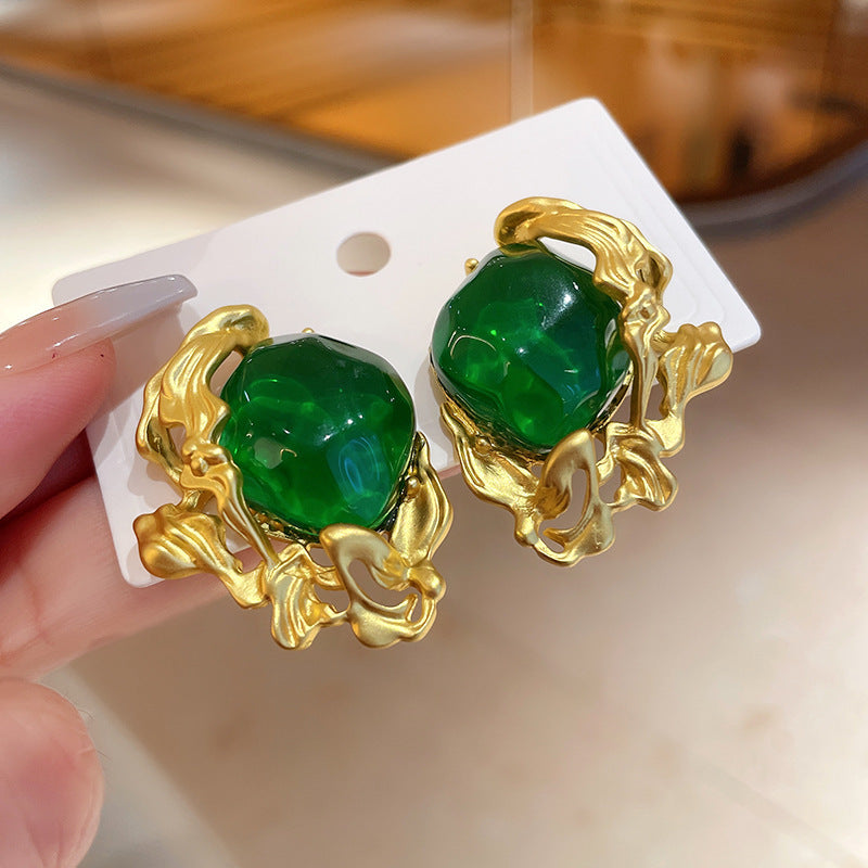 Silver Needle Vintage Emerald Earrings Niche Retro