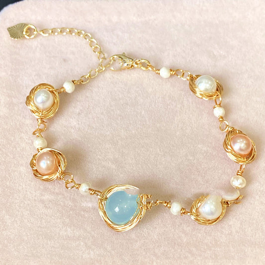 14k Gold Wrapped Yarn Hand-Made Sapphire Bracelet