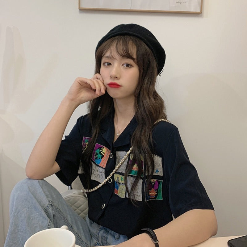 Black Chiffon Shirt Women Short-sleeved Summer Dress New Chic Top Design Niche Korean Loose Shirt