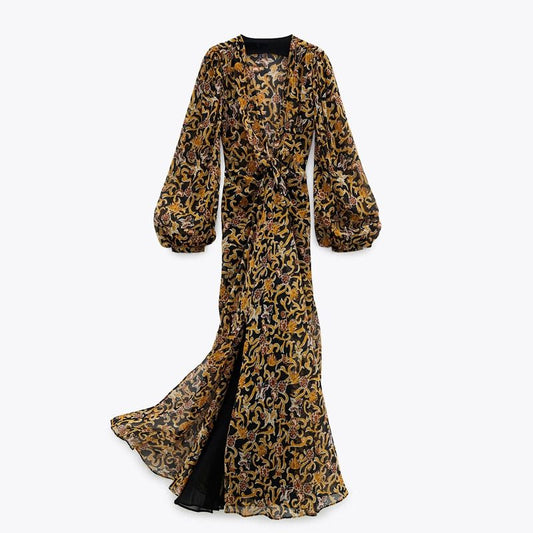 Floral Retro Printed V-Neck, Long-Sleeved Tulle Vintage Goth Long Dress