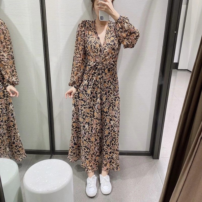 Floral Retro Printed V-Neck, Long-Sleeved Tulle Vintage Goth Long Dress