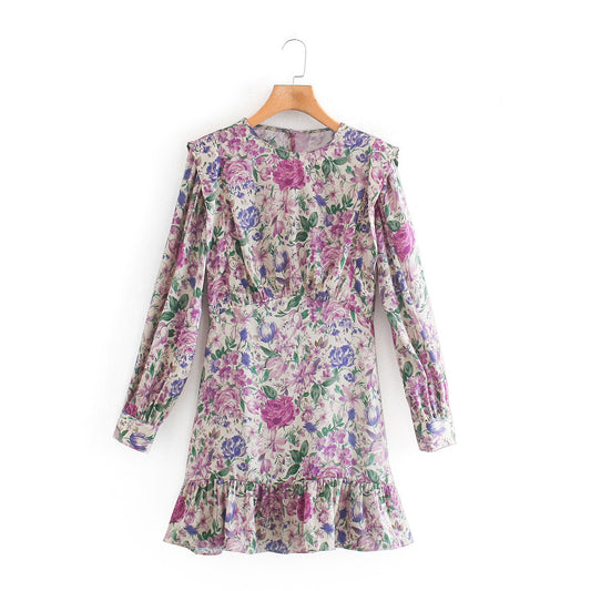 Long Sleeve Silk Satin Texture Print Dress