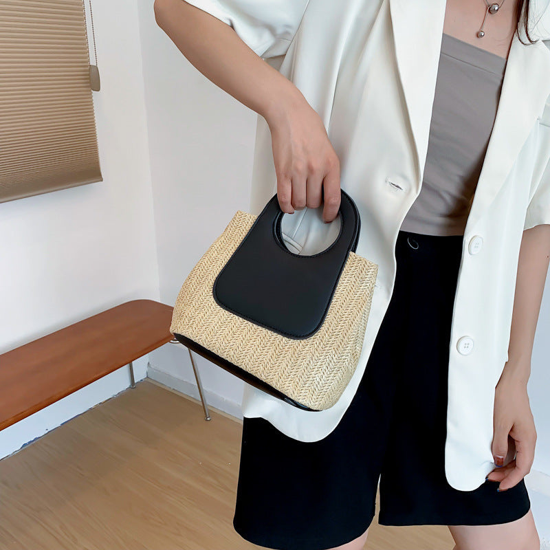 Large Capacity Handmade Summer Retro Color Contrast Patchwork Straw Bag