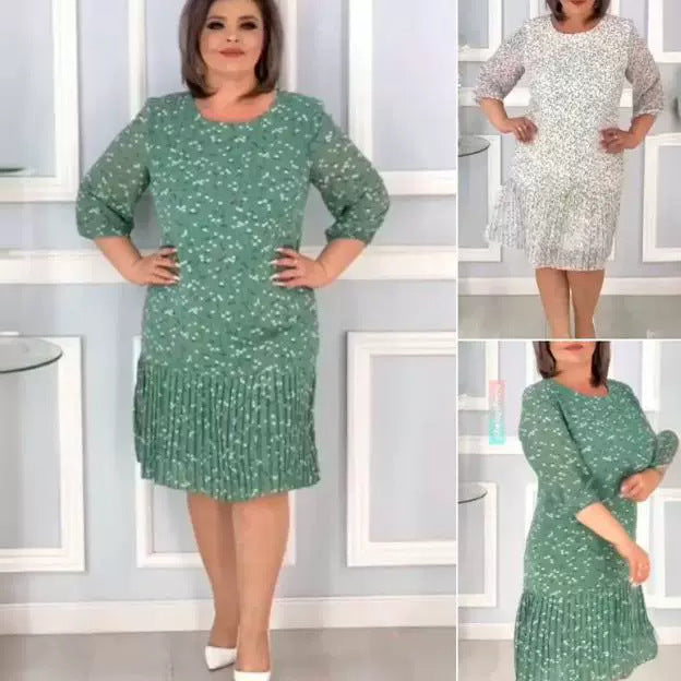 Pleated Round Neck Midi  Slim Fit Elegant Floral Dress