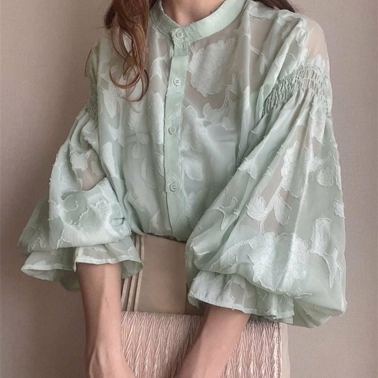Summer Flower Jacquard Lantern Sleeve Transparent Blouse