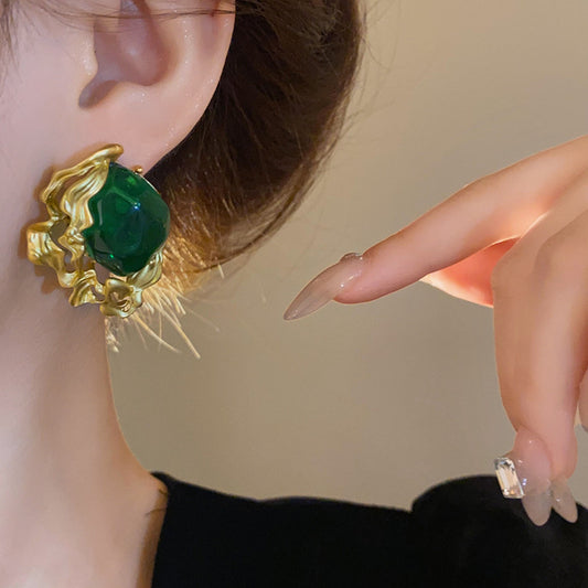 Silver Needle Vintage Emerald Earrings Niche Retro