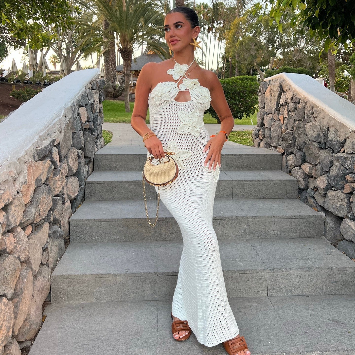 Slim Halterneck Dress With Stars Summer Seaside Beach Long Dresses