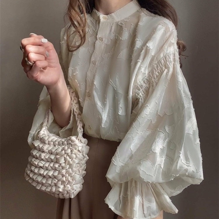 Summer Flower Jacquard Lantern Sleeve Transparent Blouse
