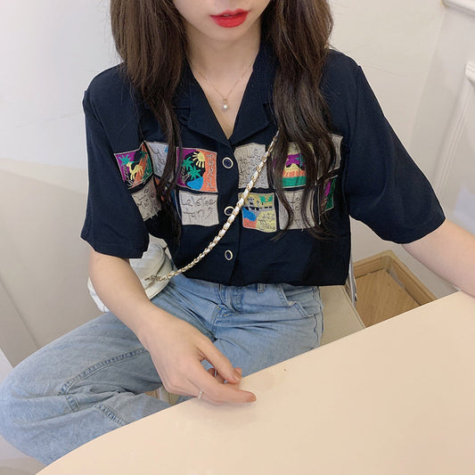 Black Chiffon Shirt Women Short-sleeved Summer Dress New Chic Top Design Niche Korean Loose Shirt