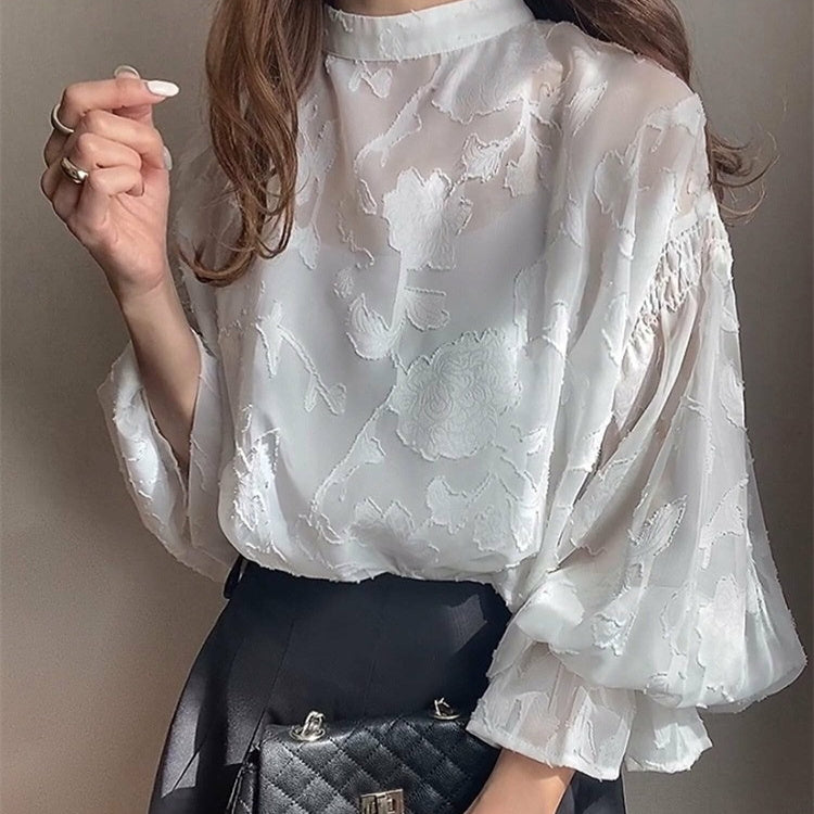 Summer Flower Jacquard Lantern Sleeve Transparent Blouse
