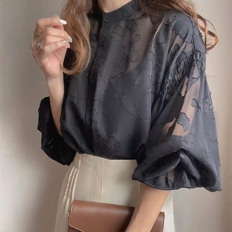Summer Flower Jacquard Lantern Sleeve Transparent Blouse